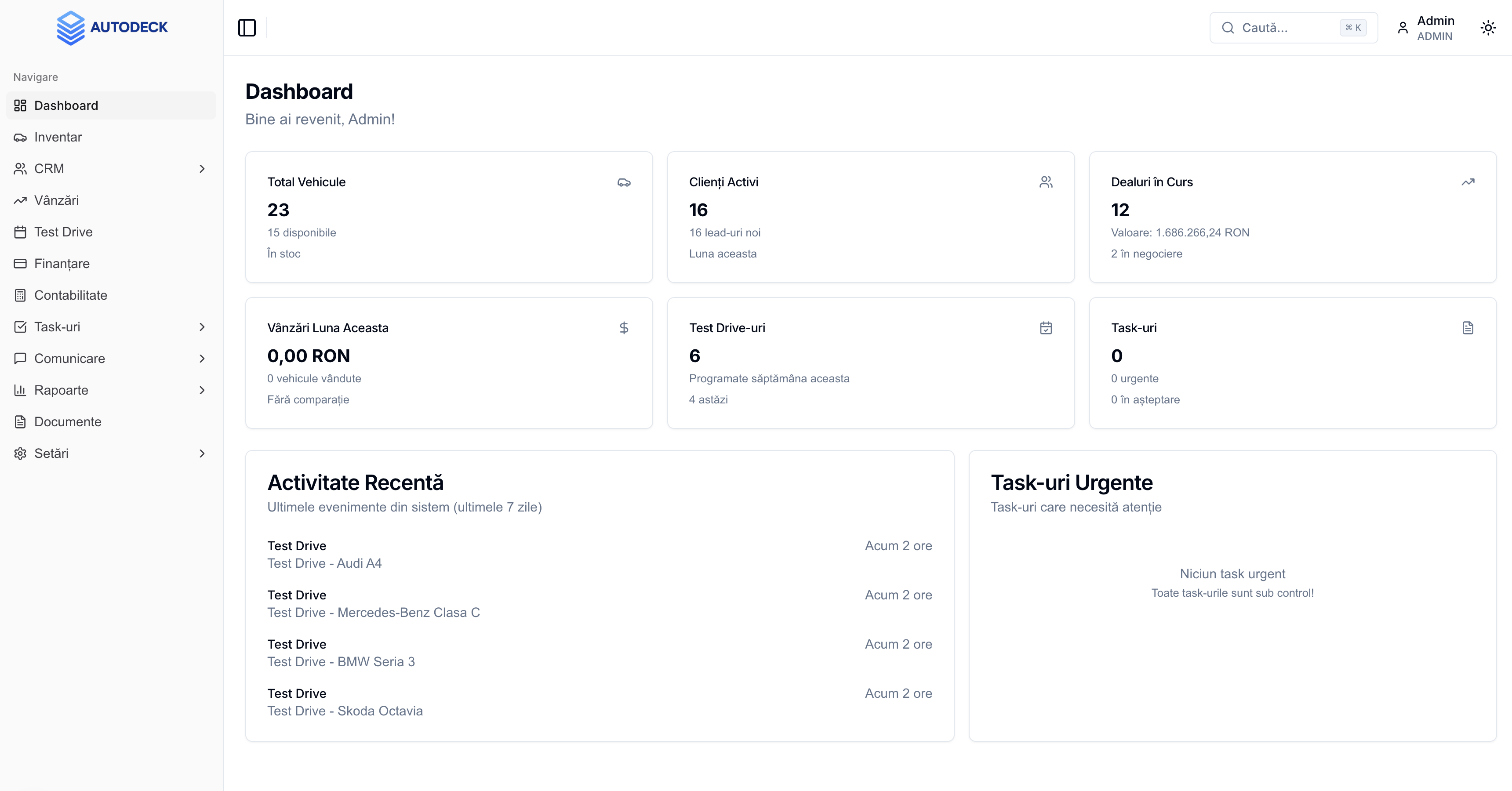 AutoDeck Dashboard - Panou de control pentru dealership-uri auto